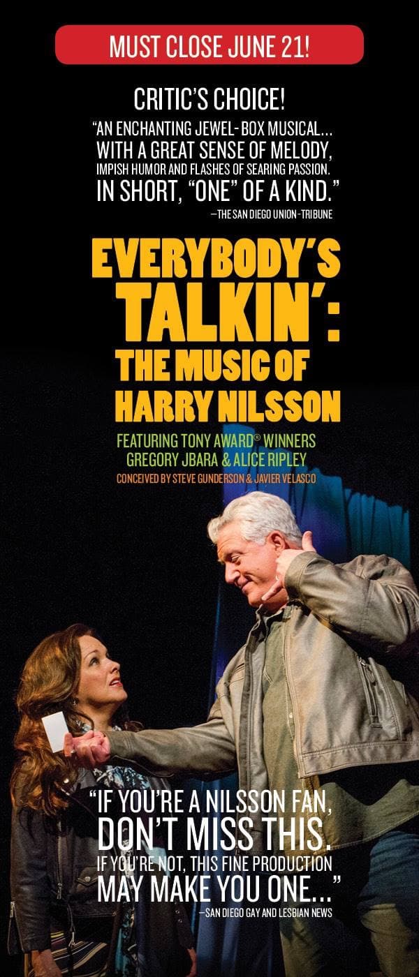 Poster for Everybody's Talkin': The Music of Harry Nilsson, with critics' quotes above a production photo of two performers.
